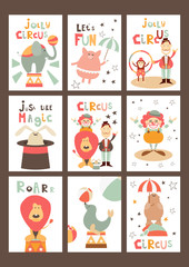Obraz premium Funny Circus Posters Set - Cartoon Circus Animals and Characters - Clown, Tamer, Illusionist. Kids Illustration for Baby Clothes, Greeting Card, Nursery Decor. Vector Illustration. Cute Lettering.