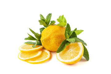 Fototapeta na wymiar Lemons with mint leaves, isolated on white background