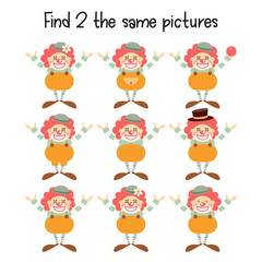 Kids Game - Find Two the Same Clowns. Circus Mini Games for Preschool, Kindergarten, School. Vector Illustration.