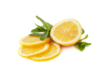 Lemons with mint leaves, isolated on white background