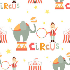 Circus Seamless Pattern - Cartoon Circus Tamer and Elephant. Amusement background. Vector Illustration. Print for Wallpaper, Baby Clothes, Wrapping Paper. Don't contain clipping mask and gradient.