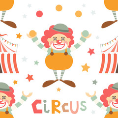 Circus Seamless Pattern - Cartoon Circus Funny Clown. Amusement background. Vector Illustration. Print for Wallpaper, Baby Clothes, Wrapping Paper. Don't contain clipping mask and gradient.