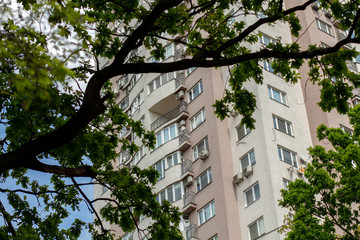 tall apartment building among trees and leaves