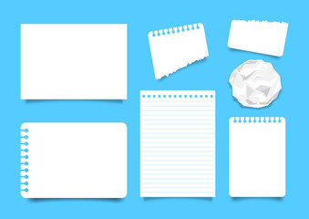 white paper sheet set isoloated on blue background, note paper a4 blank, empty papers template, set of worksheet book for note, flat lay papers, illustration paper sheet top view, notepaper postcard
