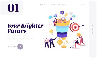 Conversion Rate Optimization Landing Page Template. Tiny Characters Put Money into Huge Sales Funnel. Digital Marketing Lead Generations Strategy, Funnel Marketing. Cartoon Vector People Illustration