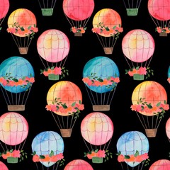 watercolor illustration, seamless pattern, balloons and flowers, wallpaper or fabric ornament, wrapping paper, background for design