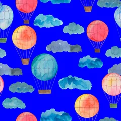 Papier Peint photo Animaux avec ballon illustration à l& 39 aquarelle, motif harmonieux, ballons et nuages, papier peint ou ornement en tissu, papier d& 39 emballage, arrière-plan pour la conception