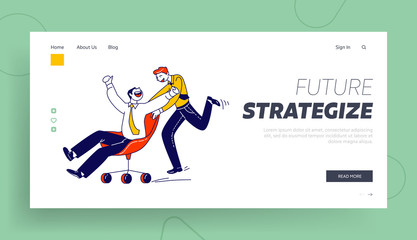 Male Characters Fooling Take Part in Chair Racing in Office Landing Page Template. Business People Engage Colleagues Competition Riding Armchair, Corporate Lifestyle. Linear Vector Illustration