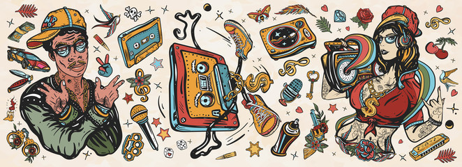 Hip hop music. Old school tattoo collection. African American man rapper in baseball cap and glasses, Rap girl, swag woman, boom box. Audio cassette, break dance. Tattooing musical street ghetto
