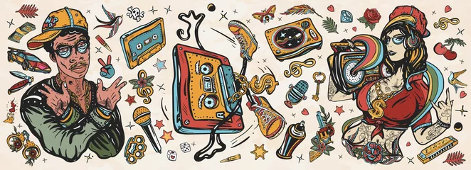  Hip hop music. Old school tattoo collection. African American man rapper in baseball cap and glasses, Rap girl, swag woman, boom box. Audio cassette, break dance. Tattooing musical street ghetto © intueri