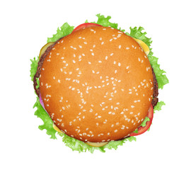 big burger with cheese, beef, lettuce, red onion and tomato isolated