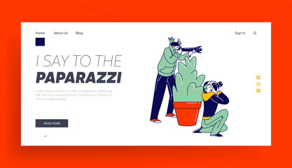 Obraz na płótnie Canvas Photographers Group Shooting on Cinema Award Ceremony or Event Landing Page Template. Paparazzi Characters Waiting Celebrity Star Appearance Hiding behind Bush. Linear People Vector Illustration