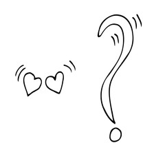 Exclamation mark and question mark with two hearts. Black lines on a white background. Doodle vector illustration. Concept.