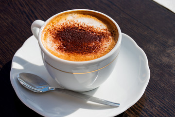 coffee in the morning, two cup of espresso on wood table in cafe or coffeeshop.