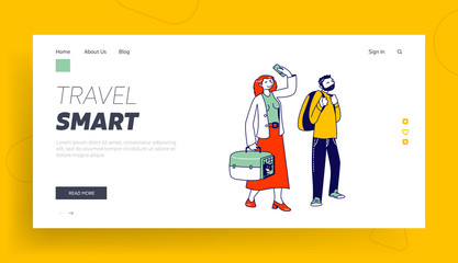 Passengers Prepare for Airplane Flight Landing Page Template. Characters Waiting Plane Boarding in Queue with Luggage. Woman with Cat Make Selfie, Man with Rucksack. Linear People Vector Illustration