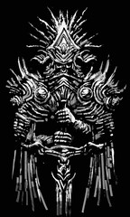 Fototapeta na wymiar A sinister mystical knight with a skull-shaped helmet stands leaning on a huge sword, his armor consists of many patterned plates that resemble spikes and ribs. 2D illustration.