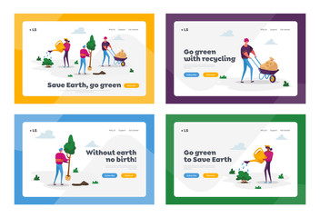 Global Warming Landing Page Template Set. Tiny Characters Care of Plants to Reduce Air Pollution and Co2 Gas Emission. People Collect Trash, Watering and Planting Trees. Cartoon Vector Illustration