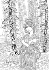 Coloring book for adults with the beautiful lady in the empire style standing in the coniferous forest