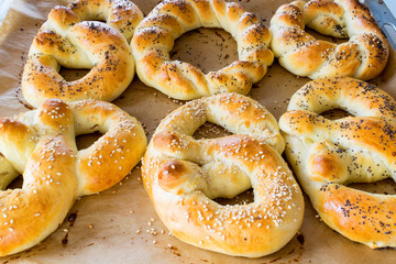 Traditional homemade bagels and pretzels