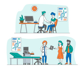 Pregnant Female Character at Doctor Appointment. Medical Check Up, Ultrasound, Measuring Belly, Listening Baby Heart. Healthy Pregnancy, Woman Waiting Newborn Baby. Linear Vector People Illustration