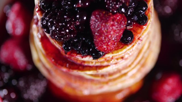 Pancakes with Sweet Berry Jam, Tasty breakfast, Stack of Pancakes in Syrup