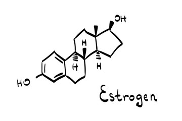 Doodle vector illustration of chemical molecule of female hormone called Estrogen. Hand drawn formula isolated on white background. Sketch style drawing with lettering.