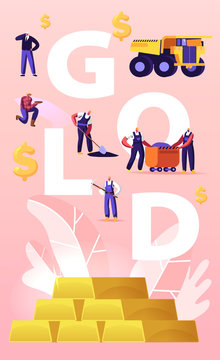 Gold Mining Concept. Tiny Miner Characters Working On Quarry With Tools, Transport And Technique. Extraction Industry, Work Equipment, Technics Poster Banner Flyer. Cartoon People Vector Illustration