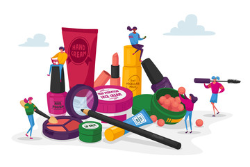 Cosmetics Masterclass, Face Care, Beauty. Women in Beautician Parlor. Female Characters Testing Skin Care Products in Beauty Salon. Makeup Courses, Make Up School. Cartoon People Vector Illustration