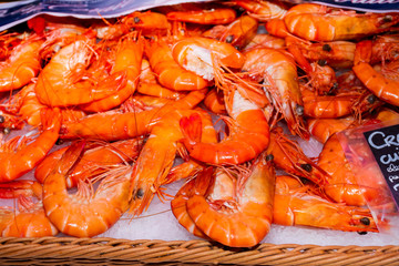 Closeup on fresh prawns in a market place