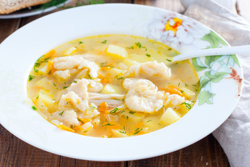 Homemade chicken soup with dumplings in a white plate, selective focus
