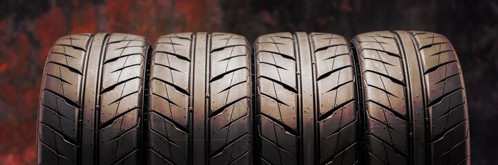 beautiful new summer tires with a directional sports tread pattern for auto racing and Motorsport. reddish fire background. tuning