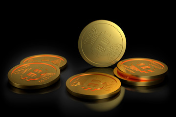 Golden bitcoin in the darkness. 3D rendering.