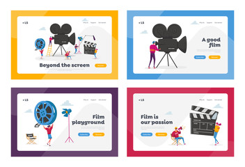 Obraz na płótnie Canvas Cinematography Industry Landing Page Template Set. Tiny People Characters Making Movie. Operator Using Camera and Staff with Professional Equipment Recording Film Process. Cartoon Vector Illustration