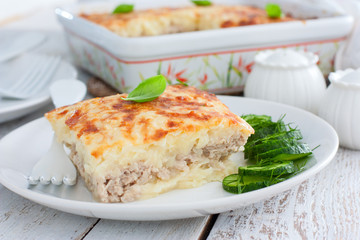 Potato casserole with minced meat on a plate, selective focus
