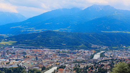 Fototapeta na wymiar Innsbruck, Austria: wide angle aerial panorama of most popular Austrian city 