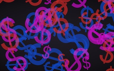Multicolored translucent dollar signs on dark background. Red tones. 3D illustration