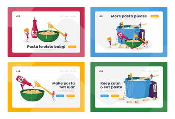Characters Cooking Pasta Landing Page Template Set. Tiny People Put Spaghetti and Dry Macaroni in Huge Pan with Boiling Water, Cheese and Ketchup on Plate, Italian Food. Cartoon Vector Illustration
