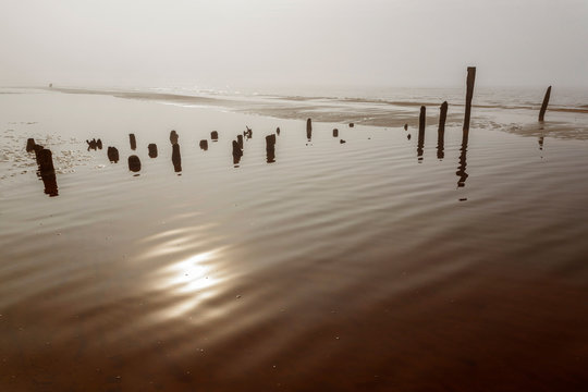 There are old poles on the coast of the Baltic Sea from the mole