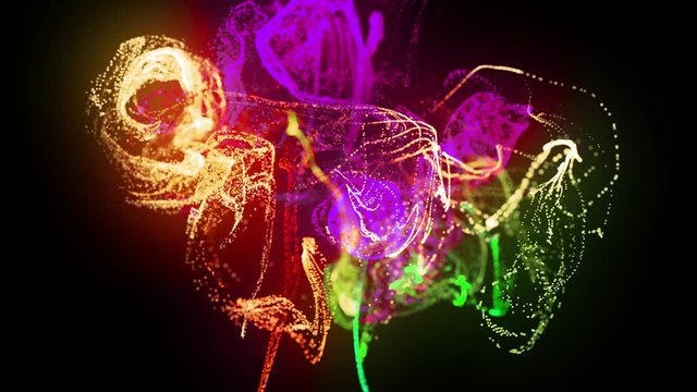 Glow ink change color. Injection of fluorescent amazing ink in water on black background in 4k. 3d render of glow particles like ink flow. Luma matte as alpha channel.
