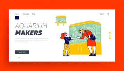 Obraz na płótnie Canvas Customers Characters at Zoo Market Landing Page Template. Woman with Daughter Visiting Pet Shop for Choosing and Buying Aquarium and Fish Walking among Stands. Linear People Vector Illustration