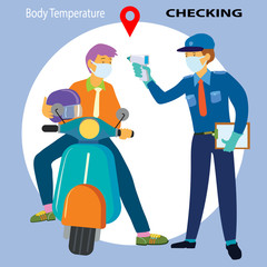 Checking body temperature concept. Business man holding helmet on motor bike at check point, vector illustration