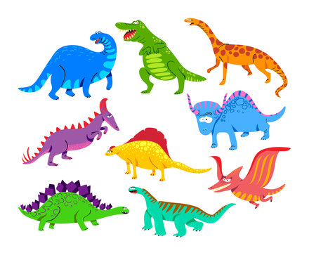 Cute Baby Dinosaurs, Dragons and Funny Dino Characters Set. Isolated Fantasy Colorful Prehistoric Happy Wild Animals Tyrannosaurus Rex, Stegosaurus, Pterodactyl Figures. Cartoon Vector Illustration
