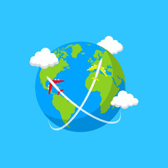 Planes flying around planet Earth. Vector illustration. Flat design.