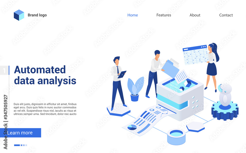 Aufkleber Isometric data analysis vector illustration. Website interface 3d design with cartoon business analyst people working on financial report, analyzing finance statistics. Automated database technology