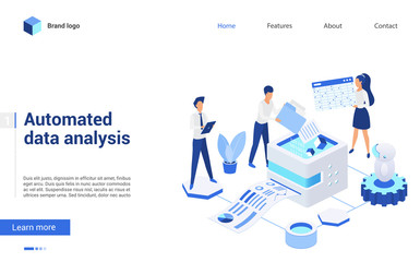 Isometric data analysis vector illustration. Website interface 3d design with cartoon business analyst people working on financial report, analyzing finance statistics. Automated database technology