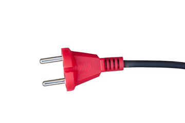 red electric plug on a white background,red electric plug with black cable isolated on white background