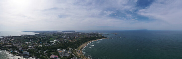 犬吠埼上空の空撮パノラマ写真