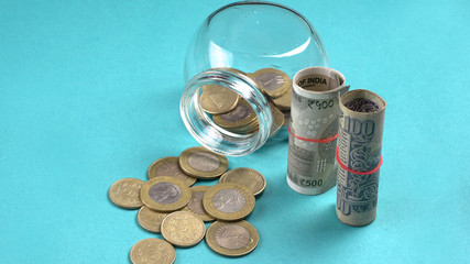 Jar of coins and money. Money saving financial concept, Money Growth.
