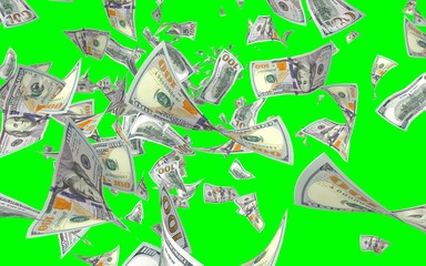 Flying dollars banknotes isolated on chromakey. Money is flying in the air. 100 US banknotes new sample. 3D illustration