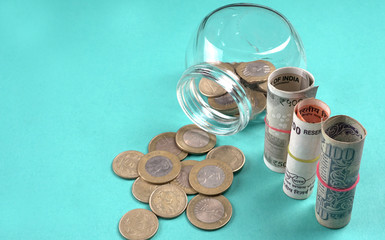 Jar of coins and money. Money saving financial concept, Money Growth.
